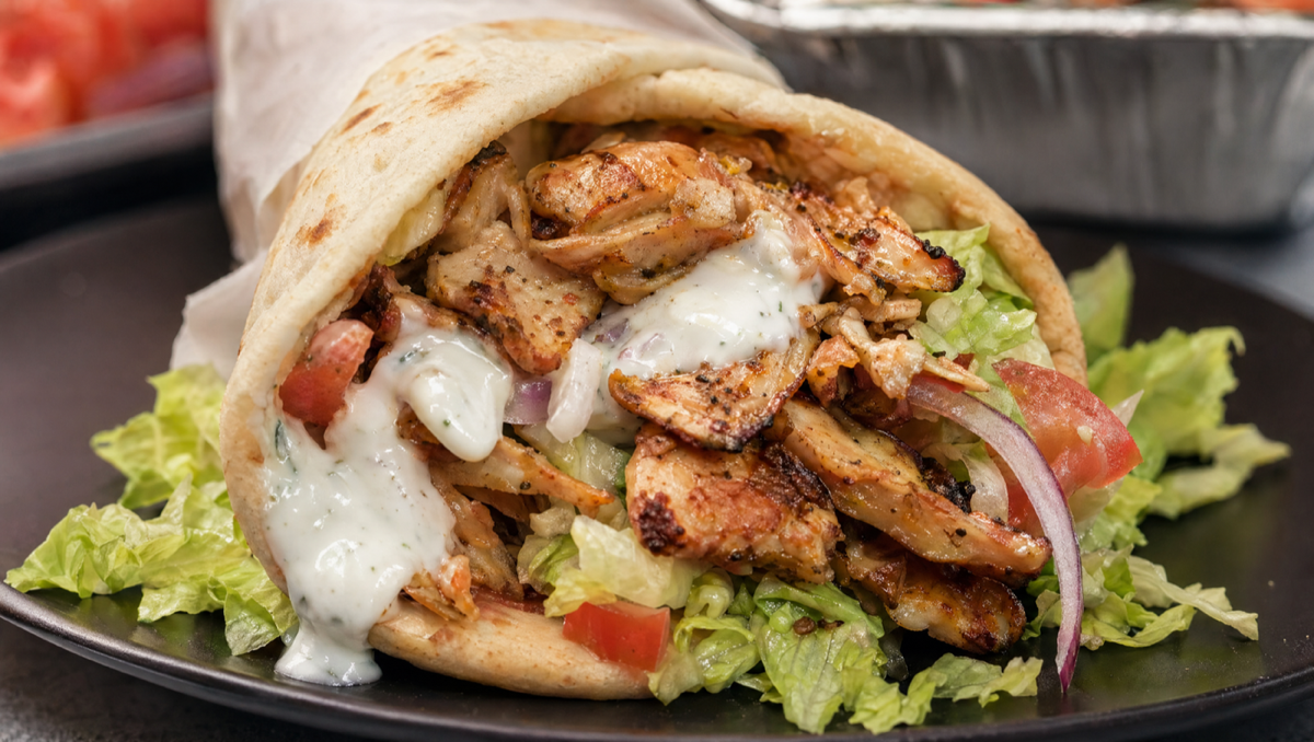 A fresh chicken döner pita from Baba Döner NYC — fast, filling Turkish food near NYU in the East Village