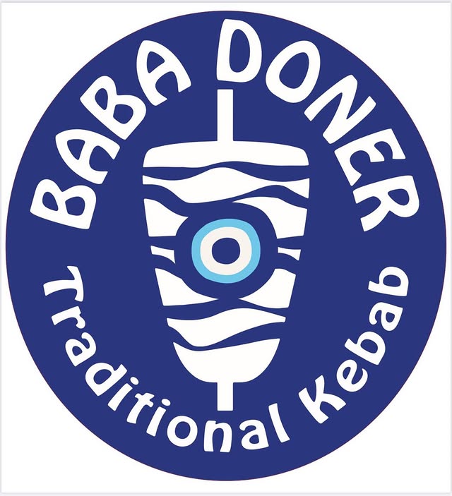 Baba Döner circular logo — deep blue background with white "BABA DÖNER Traditional Kebab" wordmark around a döner spit illustration with evil eye motif